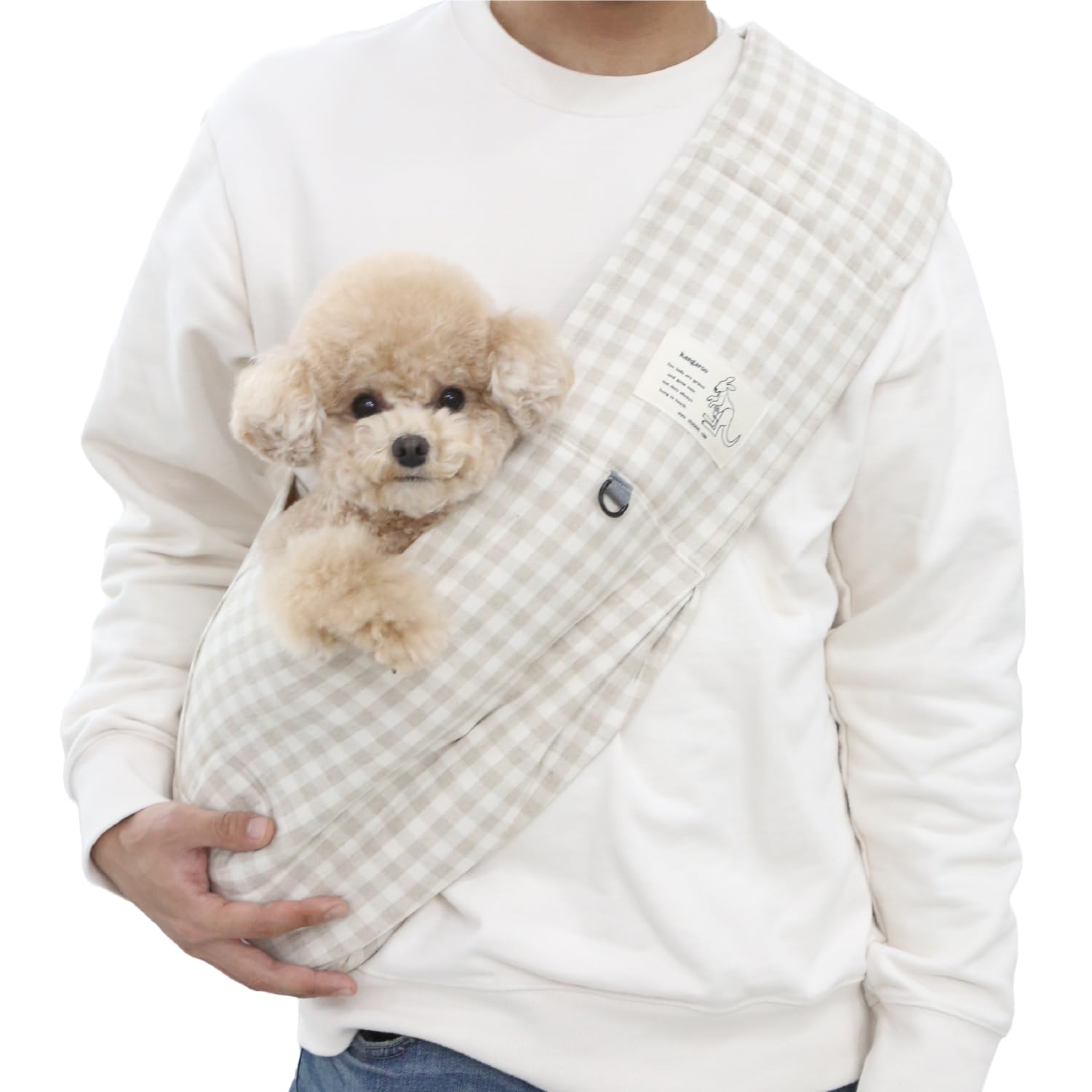 Its Dog & Kangachi - Bolsa Canguro Algodón para Perros Pequeños, Bandolera para Perro, Bolso Hombro, Acolchado de Hombro de 10 mm, Correa de Seguridad, Made in Korea, Beige Cuadros