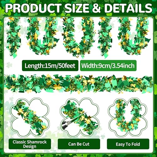 Image of 50FT St. Patrick's Day Tinsel Garland Shamrock Hat Green Gold Metallic Tinsel Twist Garland for Irish Saint Patricks Day Party Home Decor Indoor Outdoor Decoration
