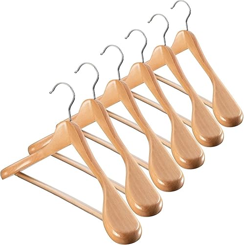 6pcwide Shoulder Wooden Hangers with Pants Bar - Smooth Finish Solid Wood Suit Hanger Coat Hanger, Holds (Color  Natural Wood)