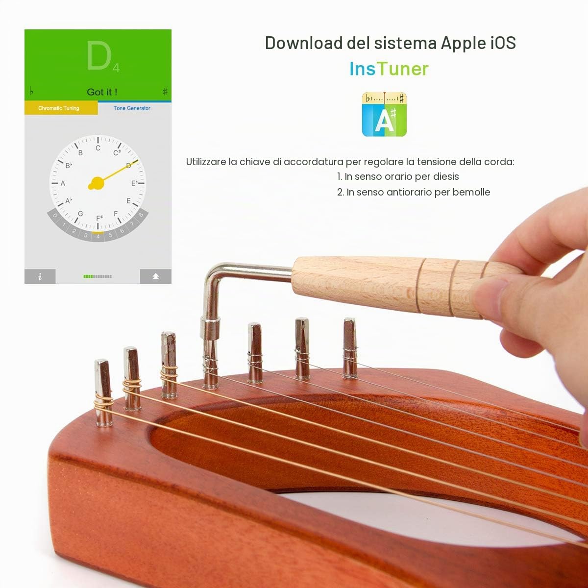 Lyre harp,AKLOT lira arpa 7 corde in metallo in mogano con chiave di accordatura e custodia nera