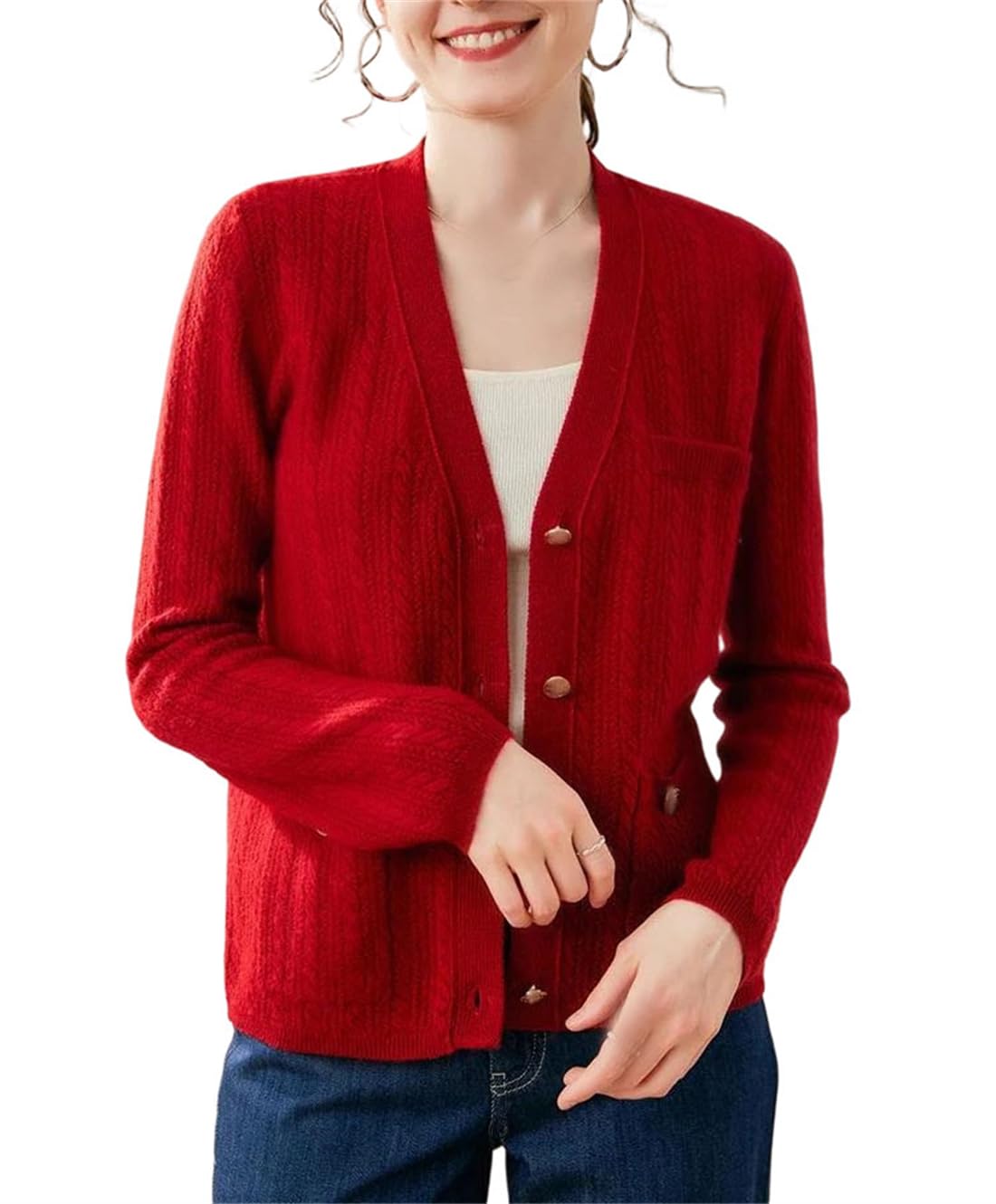 Women Cashmere Blend V-Neck Cardigan Fall Winter Soft Long Sleeve Office Wool Blend Buttons Open Sweater