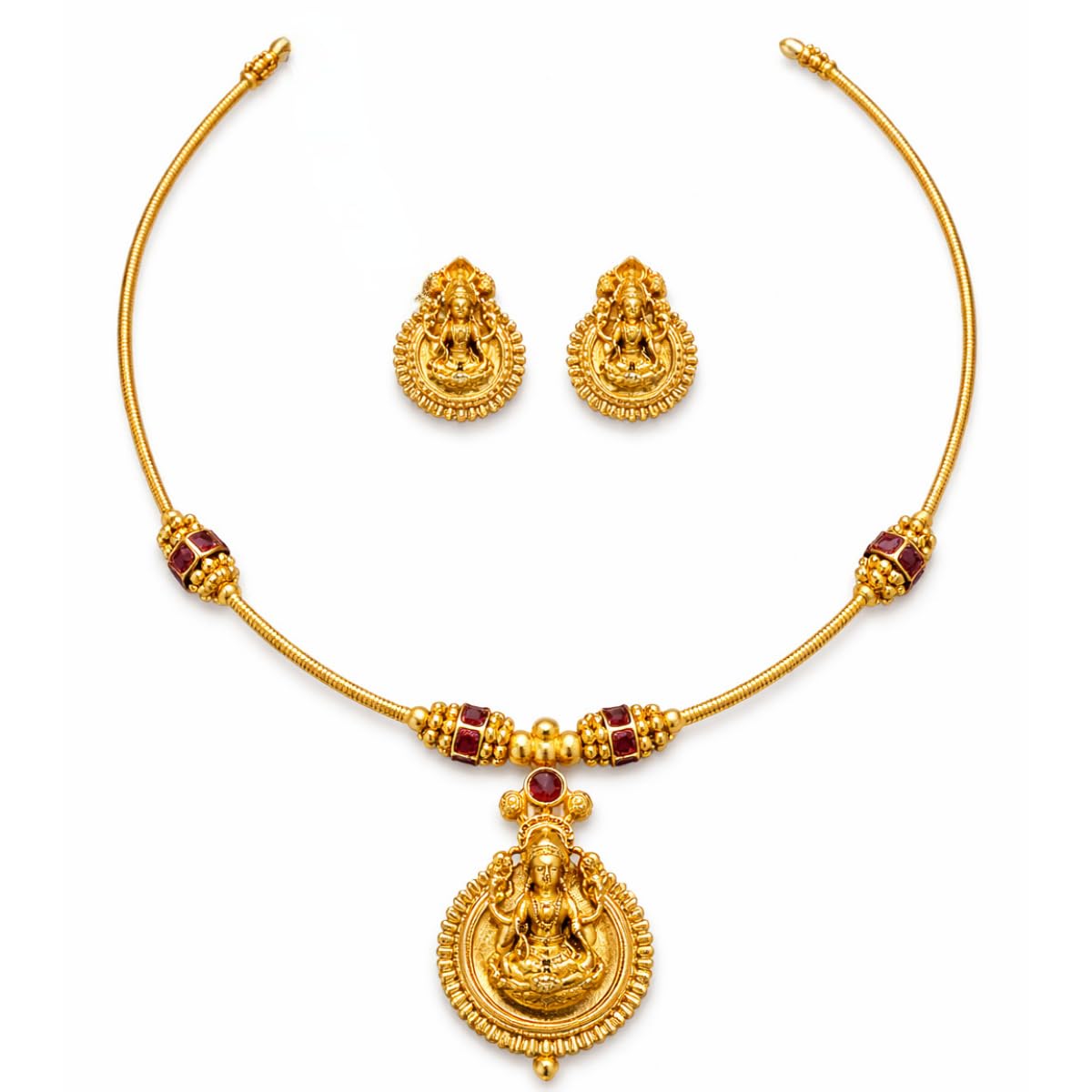 Gold Plated Temple Necklace Set for Women | Lakshmi Pendant Jewellery Set with Earrings | Traditional South Indian Short Necklace | Bridal Wedding Party Ethnic Wear Jewellery-image-17