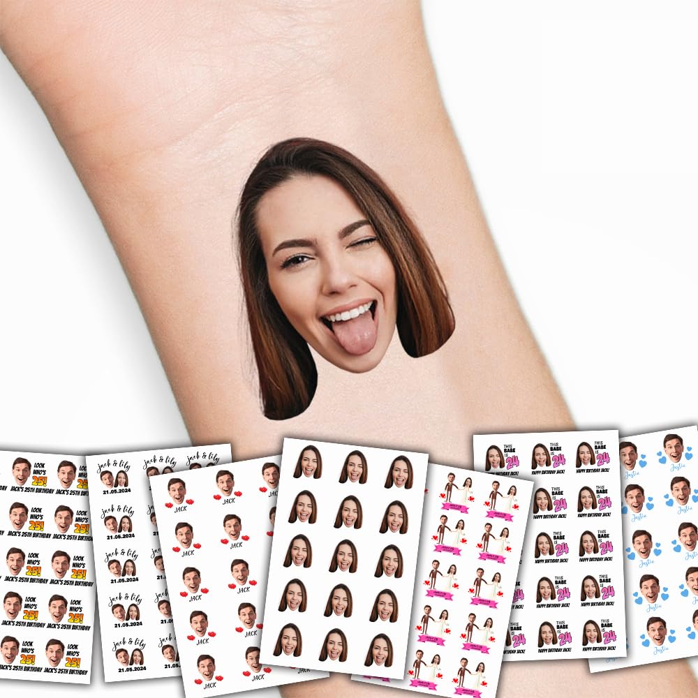 Custom Fun Face Temporary Tattoos - with Photo Personalized Face Tattoo - for Adults Women Men Couple Friends Birthday Bachelorette Party Favors