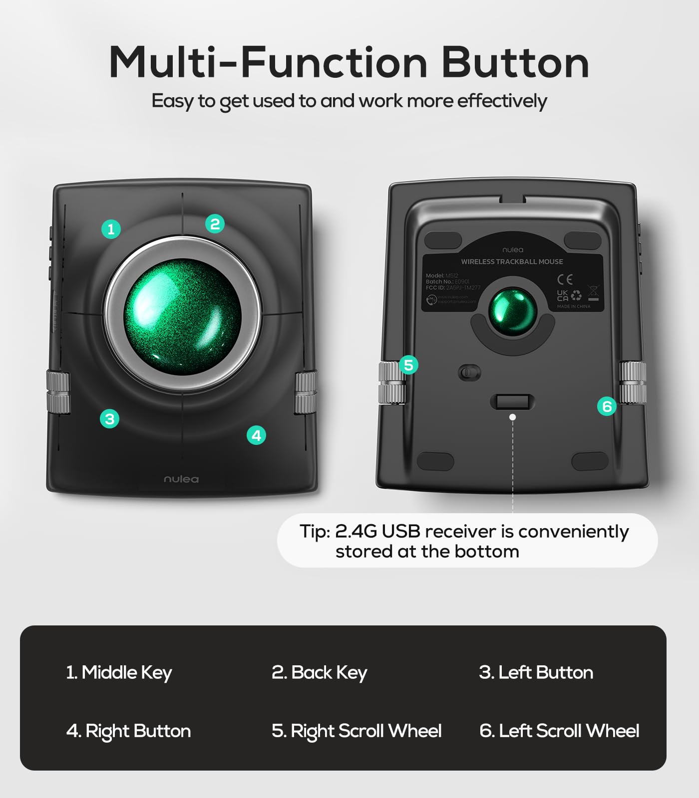Nulea M512 Kabellose Trackball-Maus, ergonomischer 55-mm-Trackball, einstellbare DPI für präzise Steuerung, kompatibel mit Links- oder Rechtshänder, wiederaufladbar, Multi-Device Bluetooth & 2,4 GHz