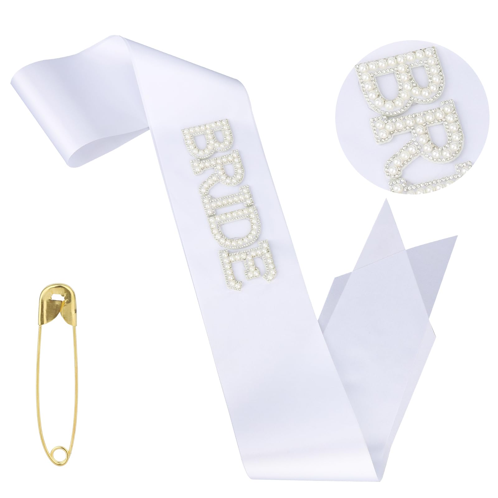 White Pearl Bride Sash Adjustable Wedding Belt for Bridal Shower Gift with Pin Bachelorette Satin Sash Ideal Bridal