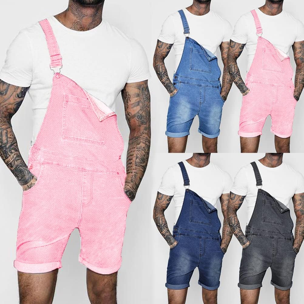 Pantalones Cortos Vaquero Hombre Mono Moda Casual Pantalones de Mezclilla Mono de Lavado Pantalones Cortos Rasgados Monos Vaqueros de Mono Multibolsillo Pantalón de Tirantes