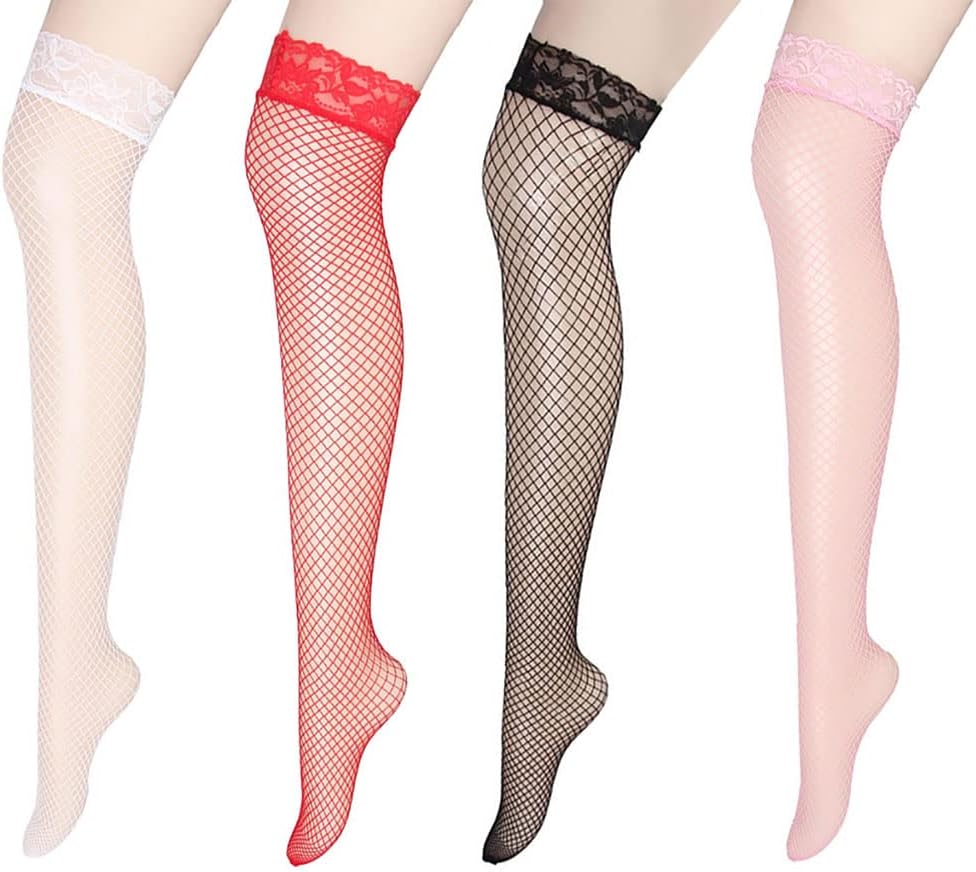 Fishnet Thigh High Hold Up Stockings Anti-skid Silicone Lace Silk Sexy Stockings Medium Net for Women 4 Pairs One Size