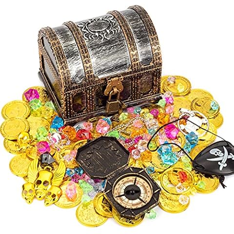 Pashali Pirate treasure toy treasure chest for children, pirate treasure chest set with lock contains compass, pirate eye patch, gold coins, gemstones, etc Cover