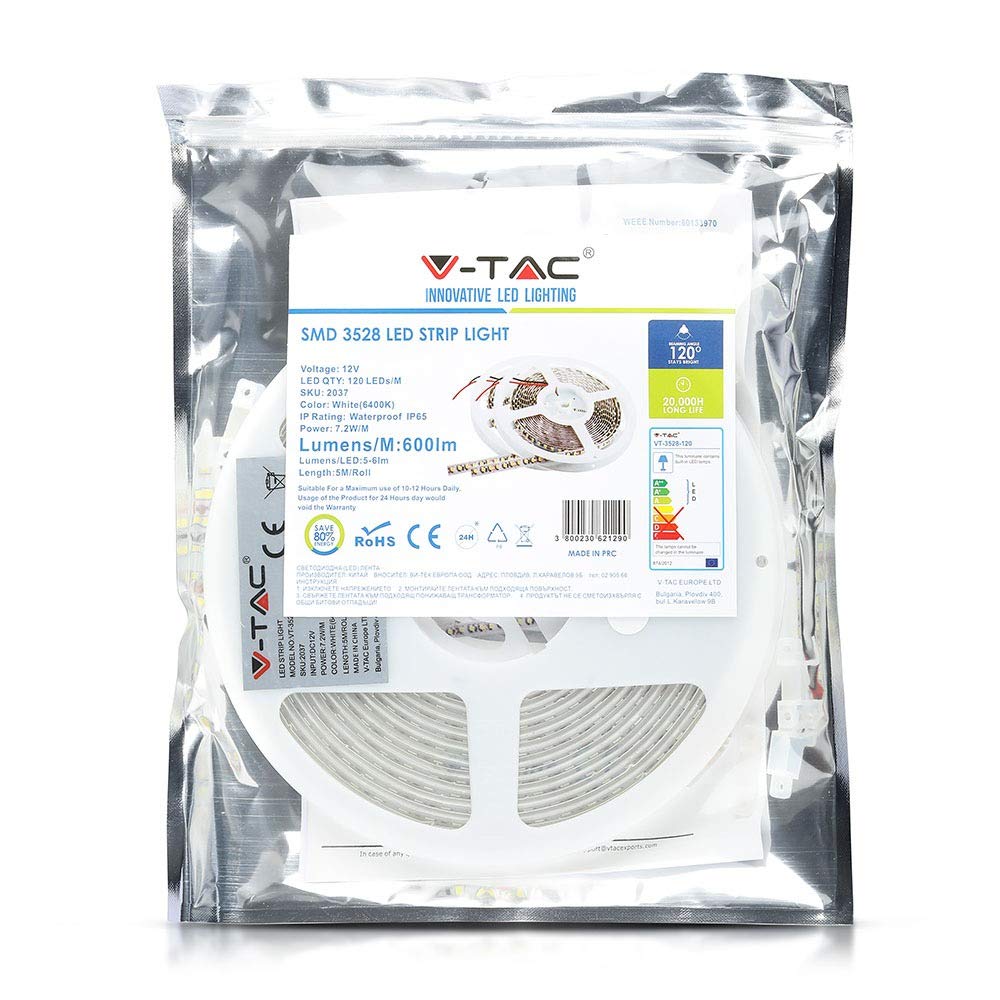 V-TAC Striscia LED SMD3528 7,2W/m 5m 120 LED/m 12V 4000K IP65