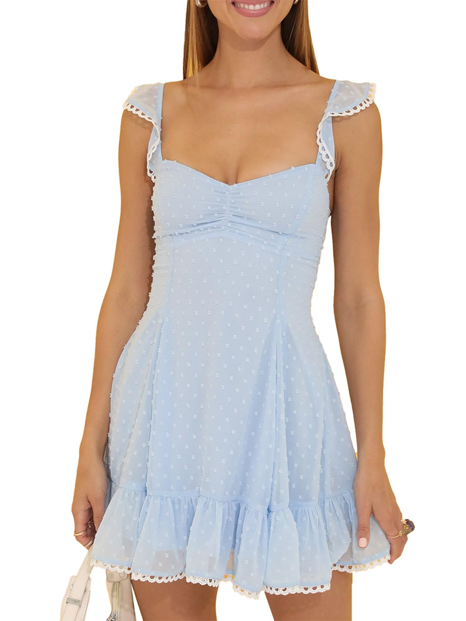 Fiacafyo Women Y2k Lace Trim Mini Dress Sleeveless Backless Bow Tie Strap Short Tank Dress Ruffle A Line Fairy Flowy Sundress (E-Blue, L)