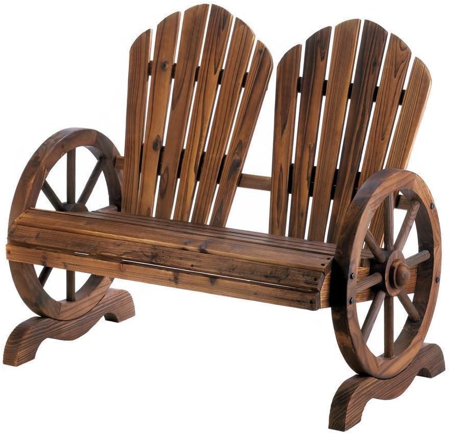 Lana45 Relax Style Outdoor Benches Rustic Wagon Wheel Couple's Bench Chair with Flared Backs