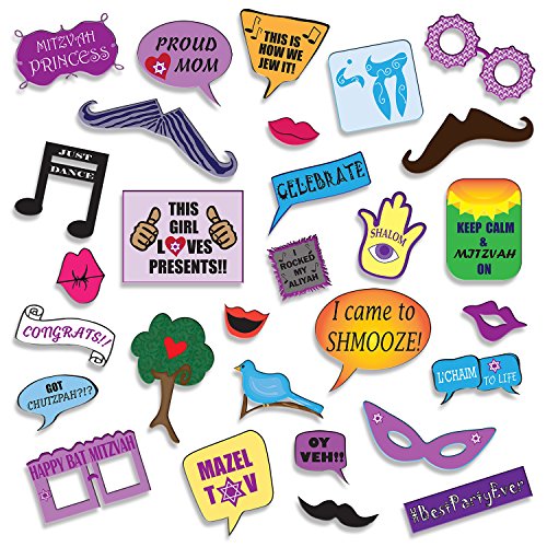 Bat Mitzvah Photo Booth Props - DIY Kit: Banners, Signs, Glasses, Mustaches, Jewish Phrases, Etc - Girl, Scrapbook or Party Favors Idea - Decorations Supplies - 26 pcs for Multiple Booths