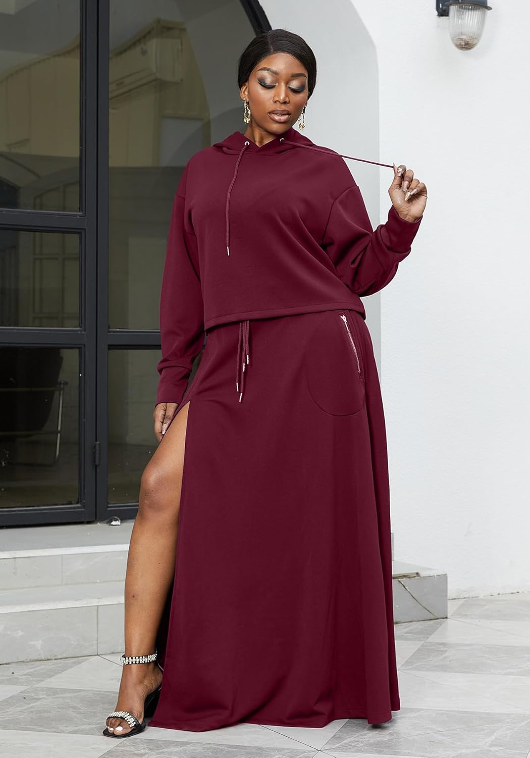 LAJIOJIO Women's 2 Piece Sets Casual Outfits,Hoodies Long Sleeves Sweatsuits and Split Maxi Skirt Lounge Sets - Image 6