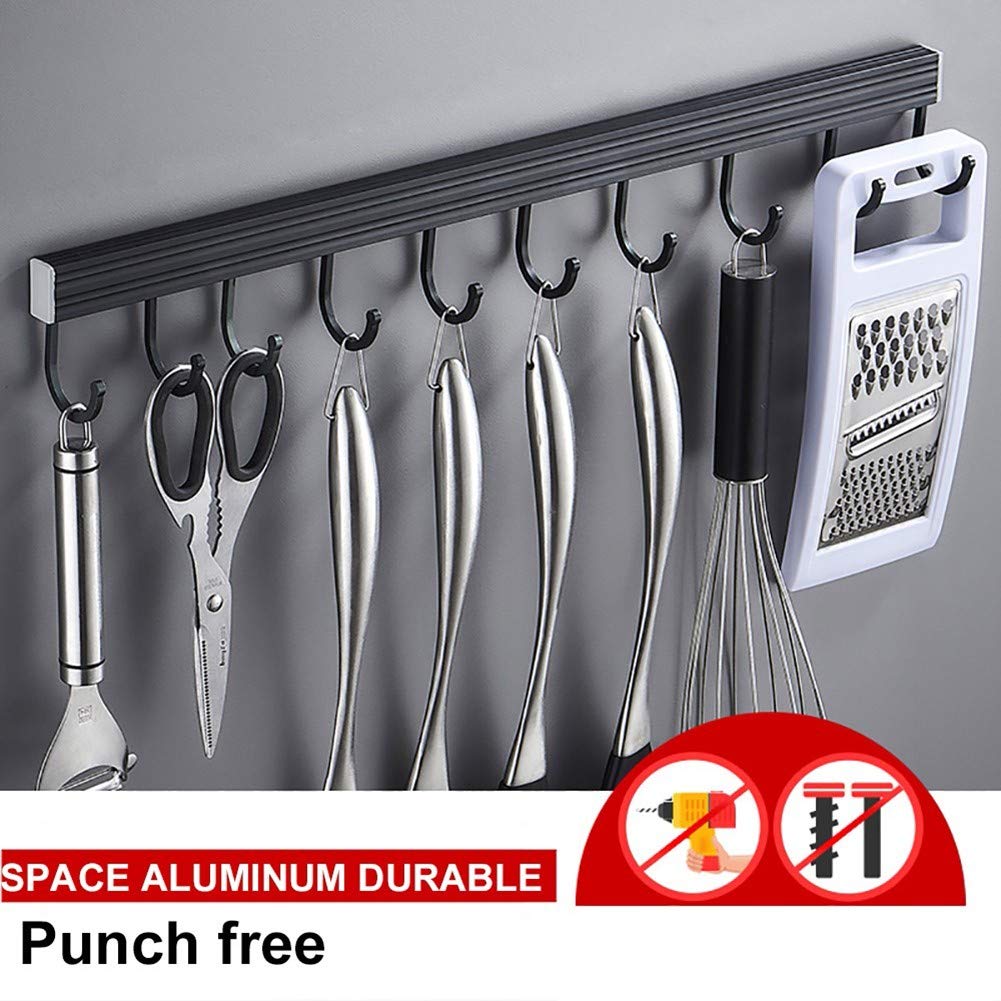 Barra Porta Utensili da Cucina Alluminio con 12 Ganci Mobili Barra Portamestoli Cucina Binario Cucina Portautensili Carico 20kg,60cm,nero
