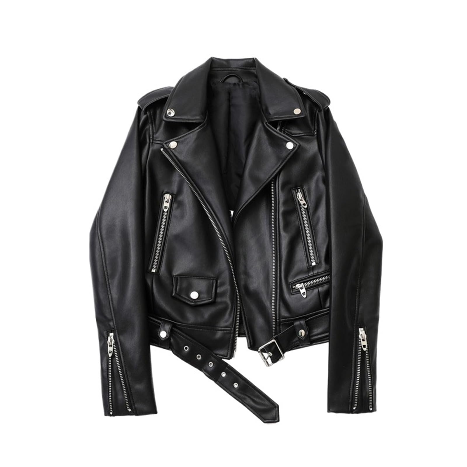 Chaqueta Cuero Mujer Faux Leather Jacket With Belt Women's Lapel Motorcycle Zip Biker Para salir