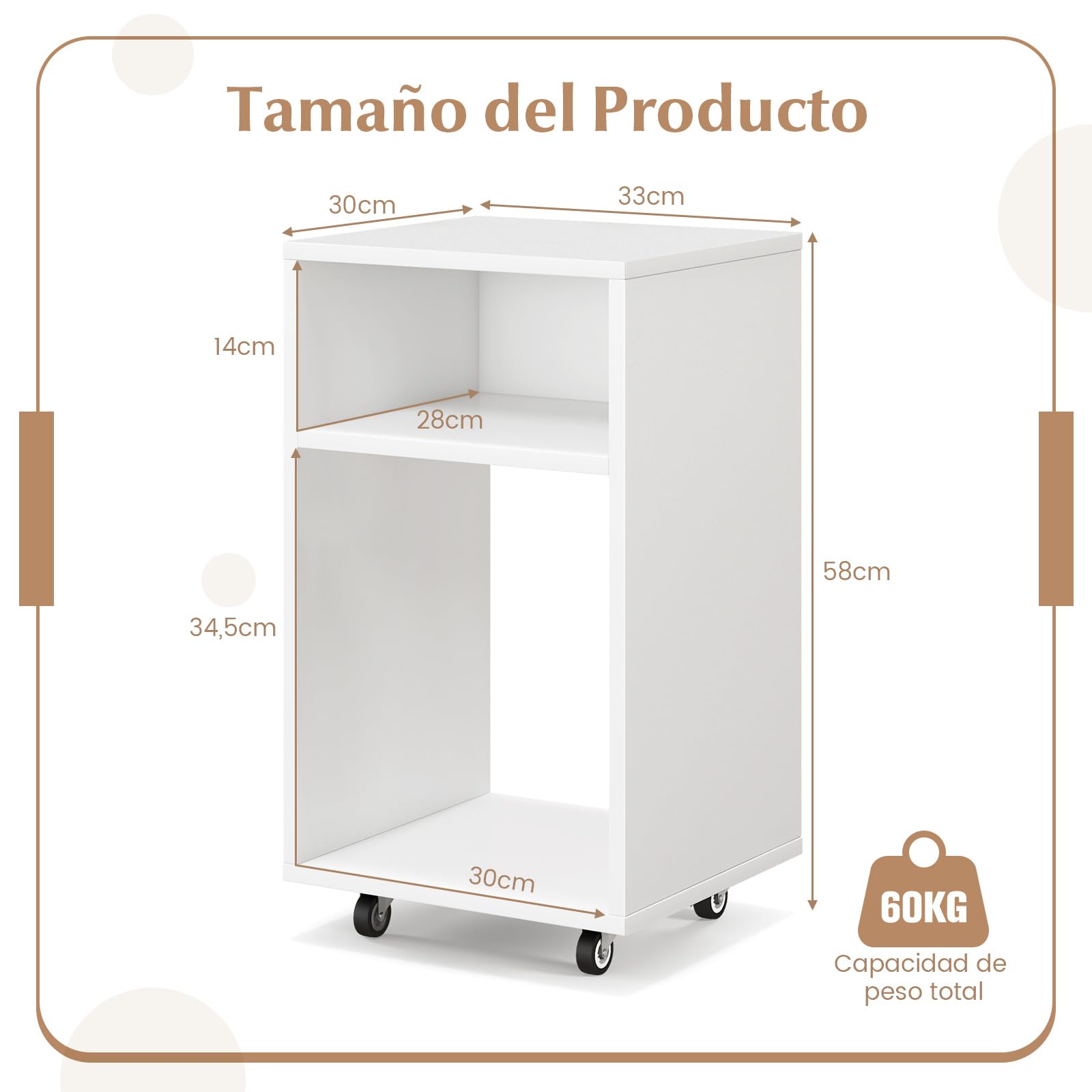 COSTWAY Cajonera Escritorio, Cajonera Oficina con 2 Estantes Abiertos, Cajonera con Ruedas, 33 x 30 x 58 cm, Soporte para Impresora Casa, Oficina, Blanco