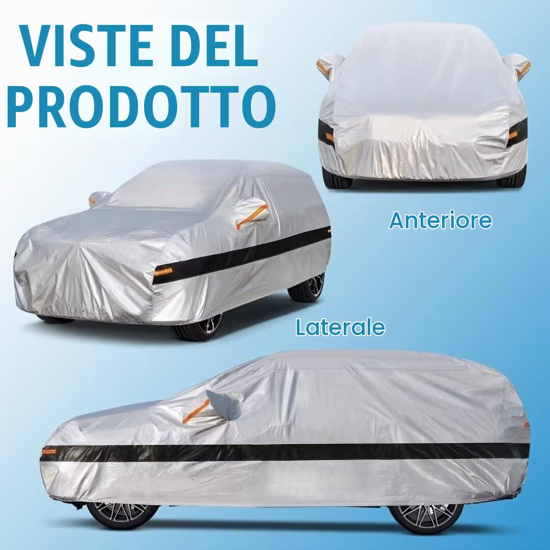 Telo Copriauto per Alfa Romeo Stelvio (2017-2024), 100% Impermeabile Telo Auto. Pioggia, Sole, Polvere e Protezione UV, Telo Copri Auto da Esterno con Fodera in Cotone. Argenteo