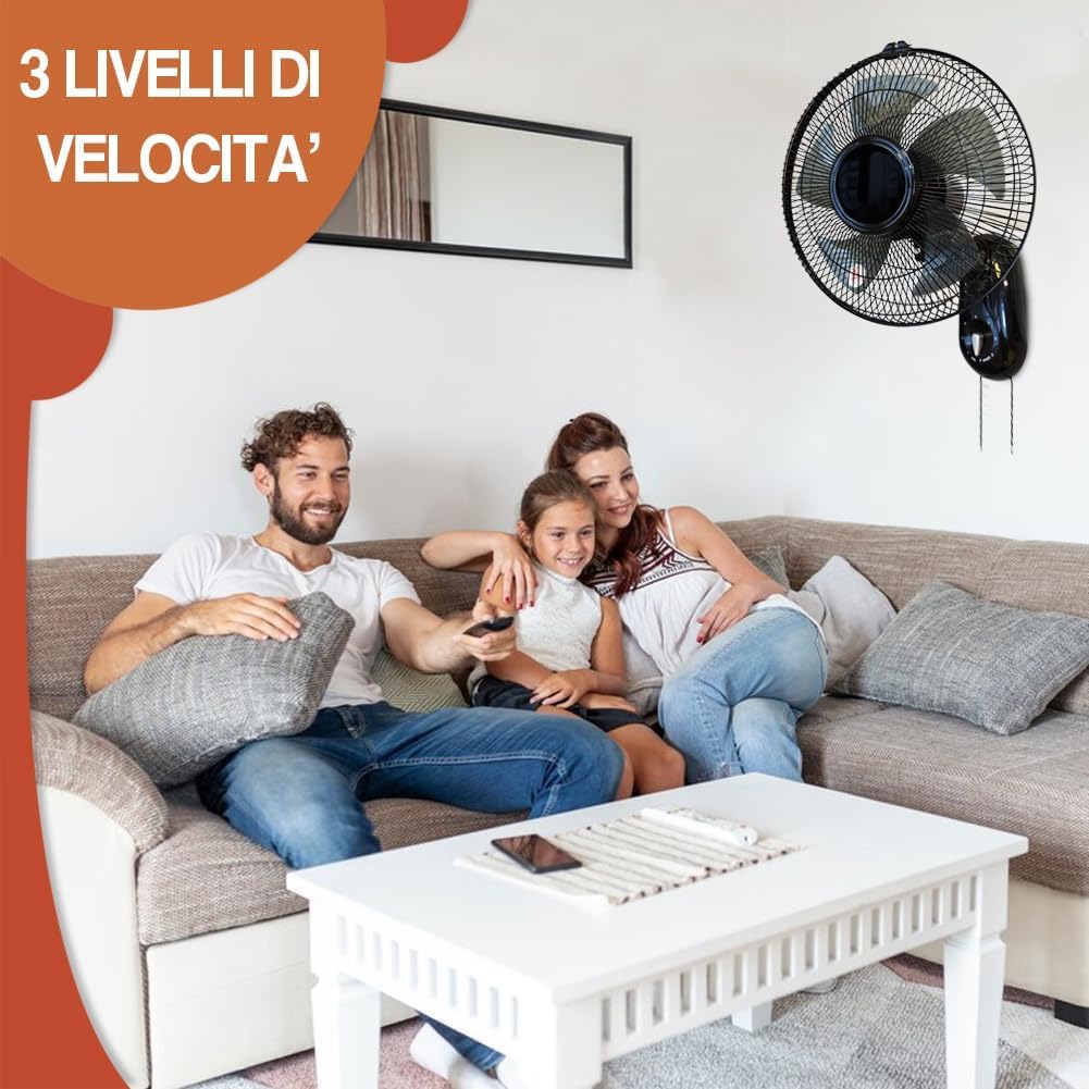 BAKAJI Ventilatore da Parete con Griglia da 36 cm e 3 Livelli di Velocità Selezionabili, Raffrescatore a Muro con 5 Pale in Polipropilene, 65 Watt di Potenza con Oscillazione Laterale Automatica