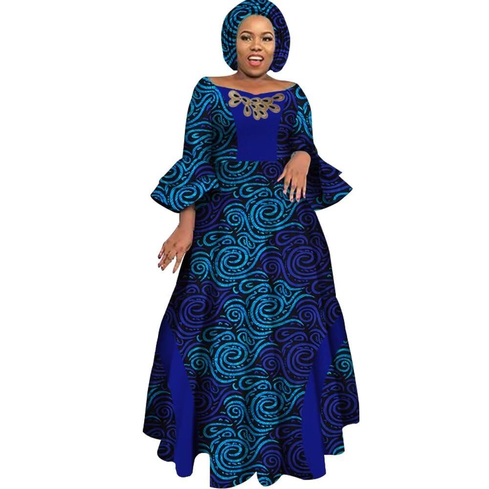 iooiooi Womens African Print Party Maxi Dress Ankara Long Dress &amp; Headwrap
