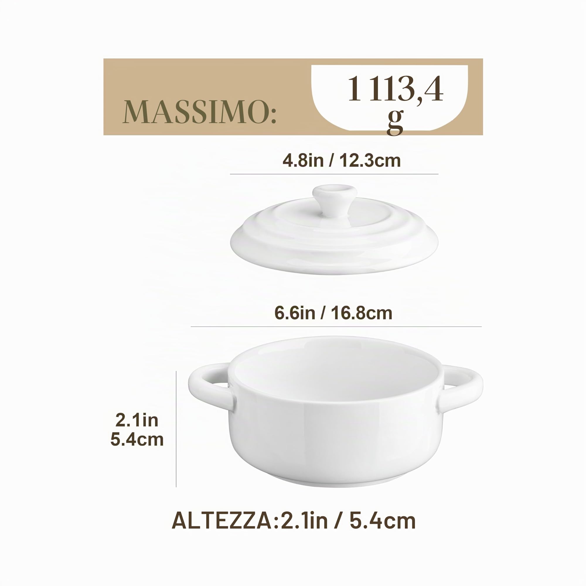 MALACASA Mini Cocotte 440 ml - Set di 4 Casseruole in Porcellana con Coperchio e Manico, Ideali per Lasagne Monoporzione, Soufflé, Zuppe, Adatte a Forno, Microonde e Lavastoviglie, Serie BAKE.BAKE