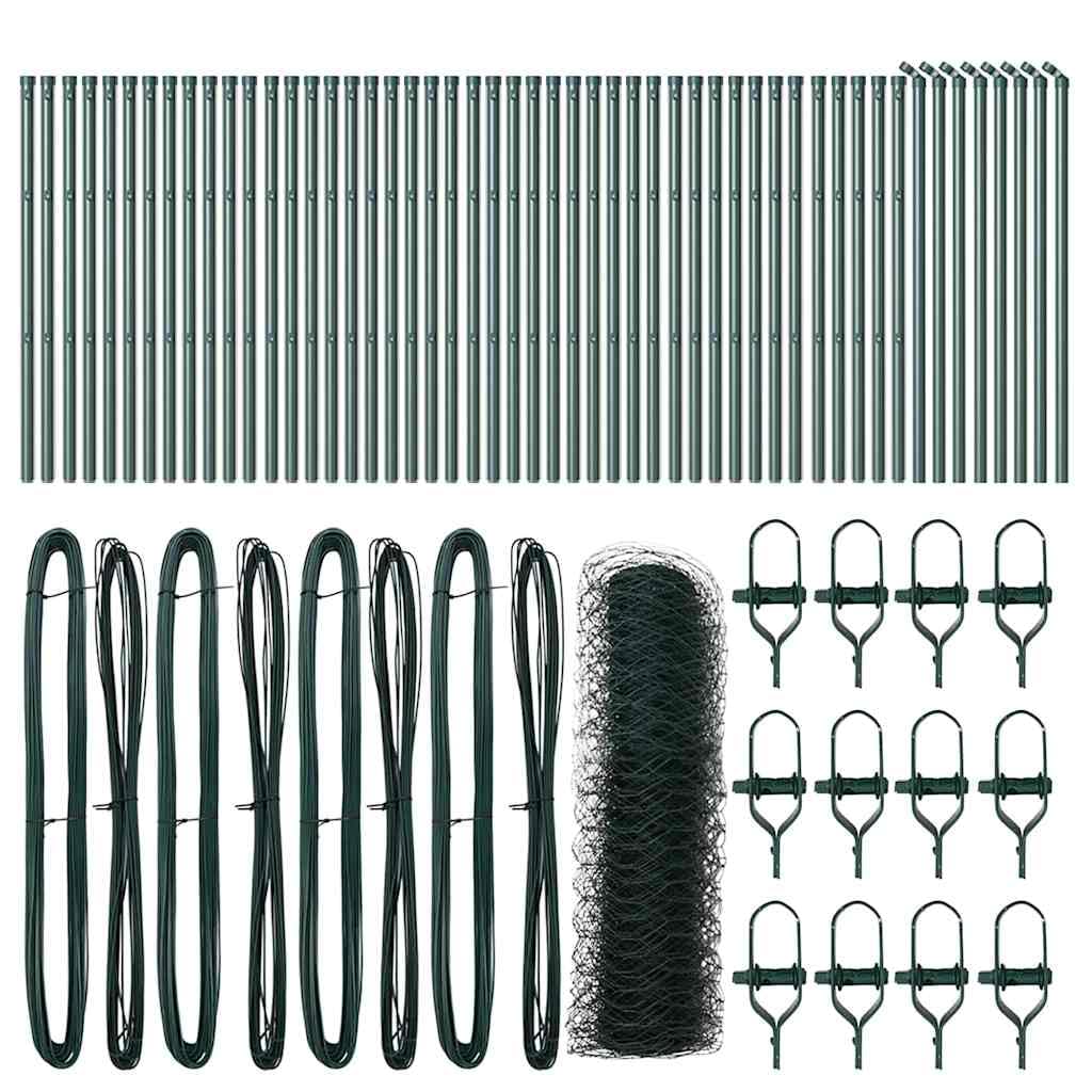 Fence Post Green 100 x 0.4 m 50 mm Mesh Steel PVC Garden Fence Barrier Kit for Outdoor Security Yard Terrace Enclosure Corrosion Resistant Posts Set 52 Pieces