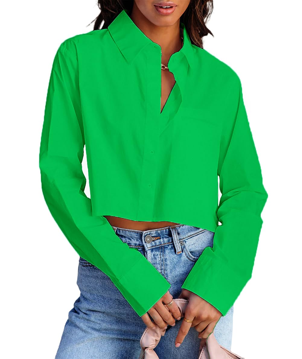 Lacozy Button Down Shirts for Women V Neck Long Sleeve Blouses Wrinkle-Free Cropped Shirts Work Business Dress Shirts