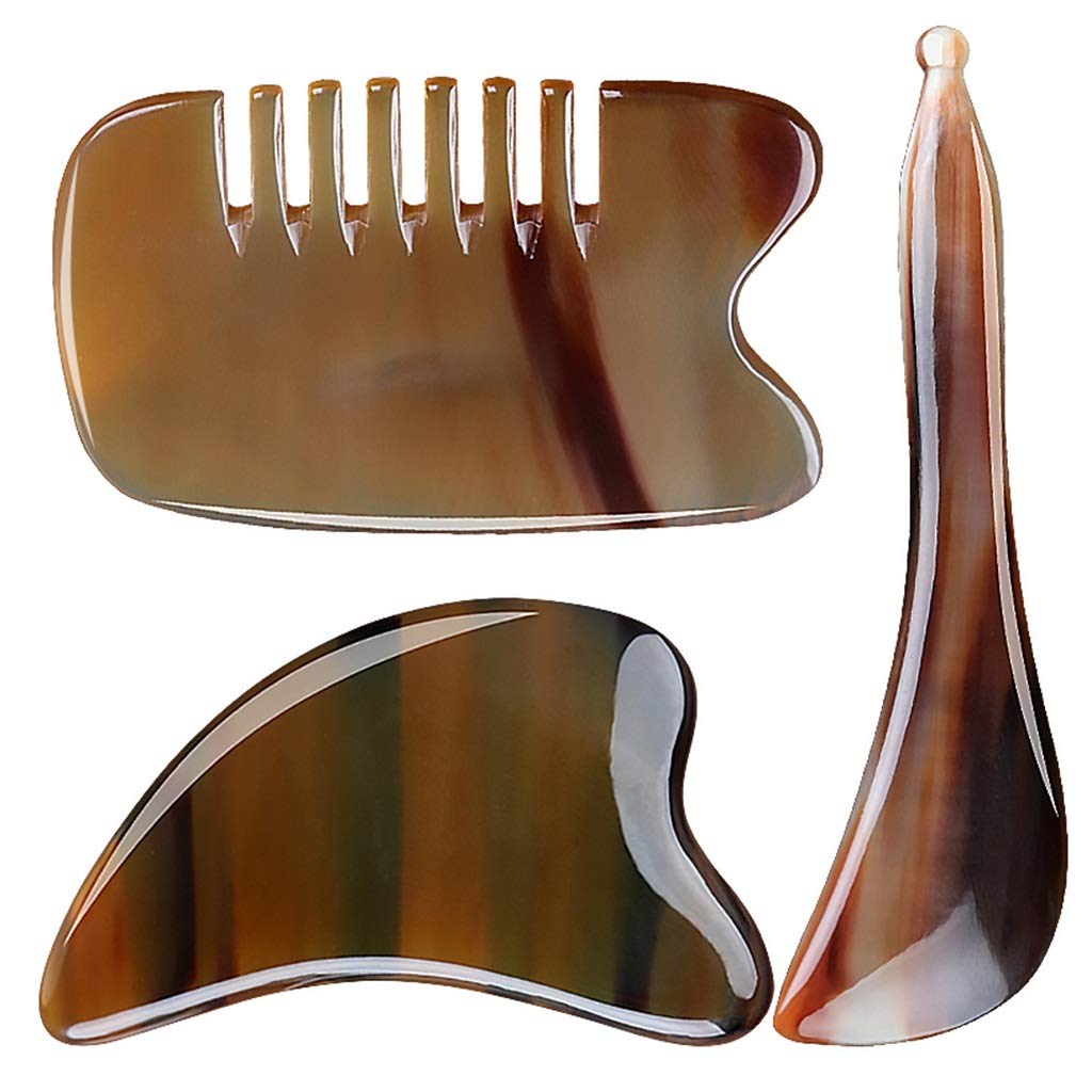 Herramienta de masaje Gua Sha, Tabla de Guasha de cuerno de buey natural Herramienta de masaje chino Gua Sha Health para cara, cuerpo, pierna, espalda, Set de belleza facial para ojos antiarrugas
