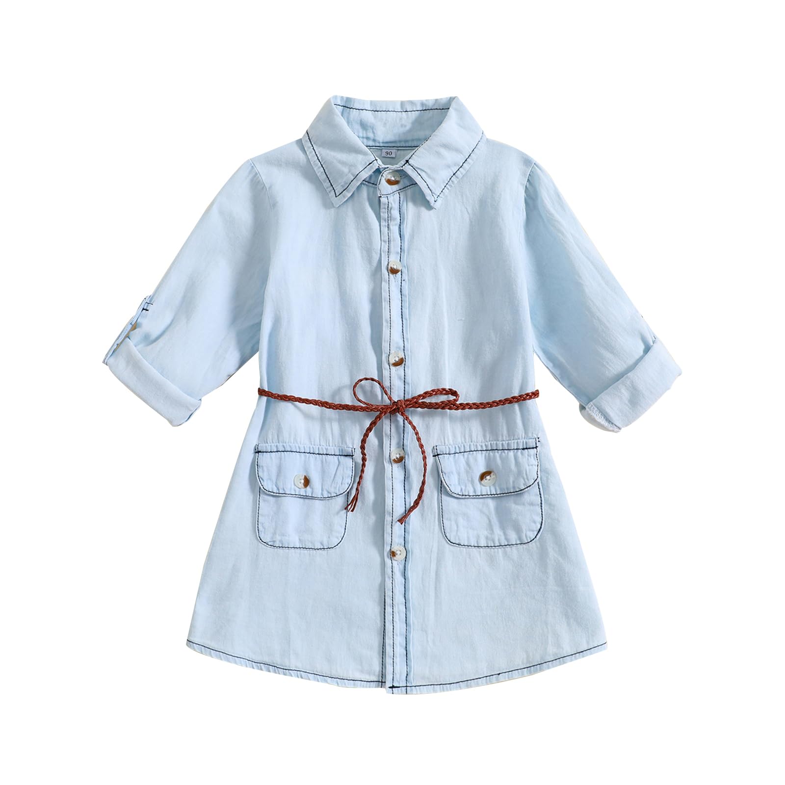 LXXIASHI 2PCS Toddler Baby Girls Denim Shirt Dress Sets Lapel Long Sleeve Button Down Jacket Coat + Belt (Light Blue, 4-5 Years)