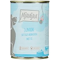 MjAMjAM – cibo umido premium per cani – Junior pollo succoso con uovo, confezione da 6 (6 x 400 g), naturale con carne extra