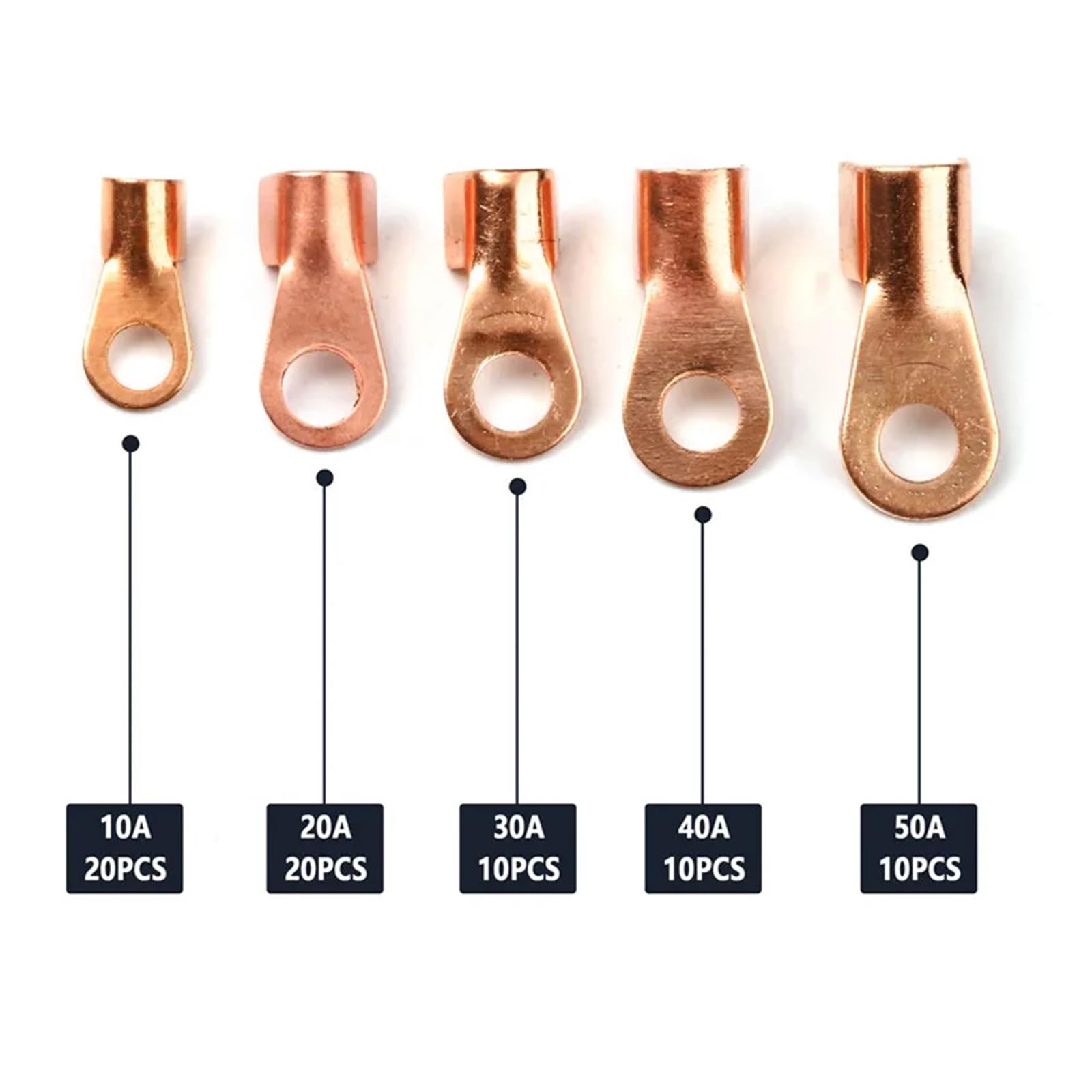 YT 70PCS Bolt Hole Tinned OT Open Ring Type Copper Terminal Lugs Non-Insulated Wire Cable Terminal Connector 10A/20A/30A/40A/50A
