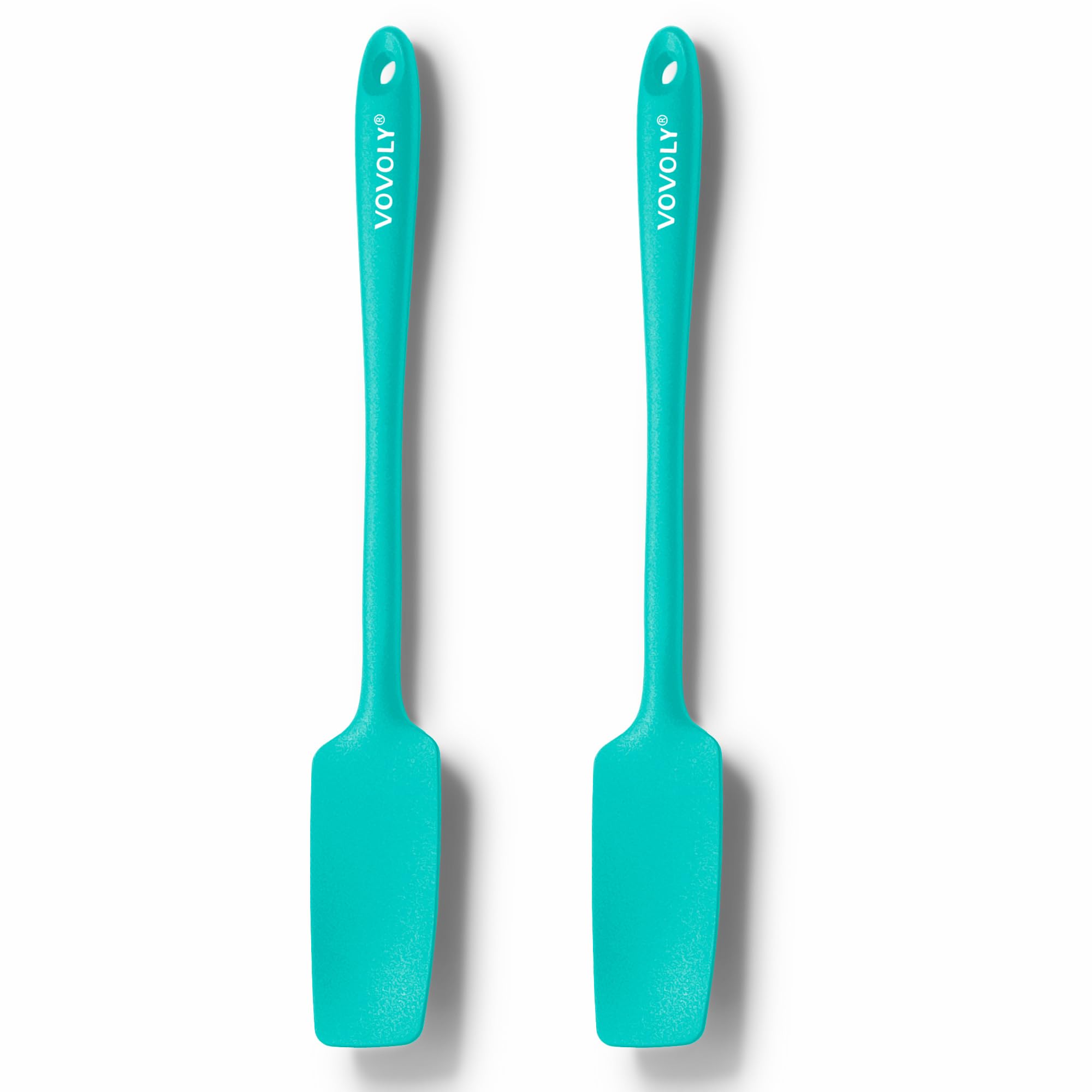 Espátula de silicona Vovoly para tarro de 2 unidades, con mango largo, espátula de goma pequeña resistente al calor de 600ºF, diseño sin costuras, base de acero inoxidable, sin BPA, verde azulado