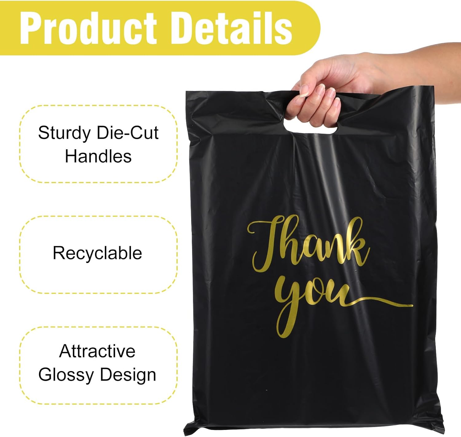 150 Pcs Pack Black Thank You Bags 12 x 15 Inch Plastic Gift Bags with Handles Reusable Black Thank You Shopping Bag Bulk for Business Stores, Boutique, Clothes, on Eve, Christmas, Easter Party - Image 3