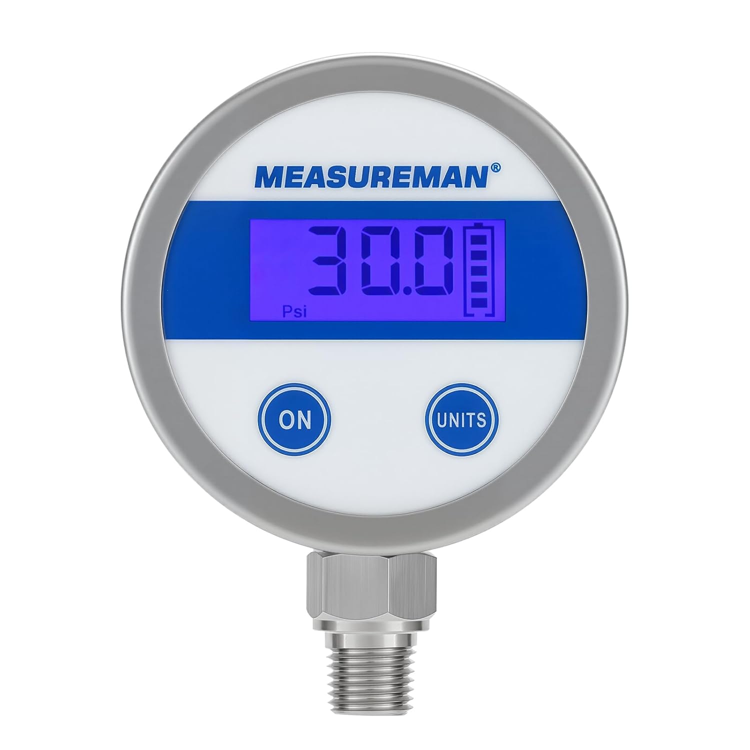 MEASUREMAN Economy Digital Pressure Gauge 2.5" Blue Backlit LCD, 0-30 PSI All Stainless Steel Case 1/4" NPT Connection 1% Accuracy