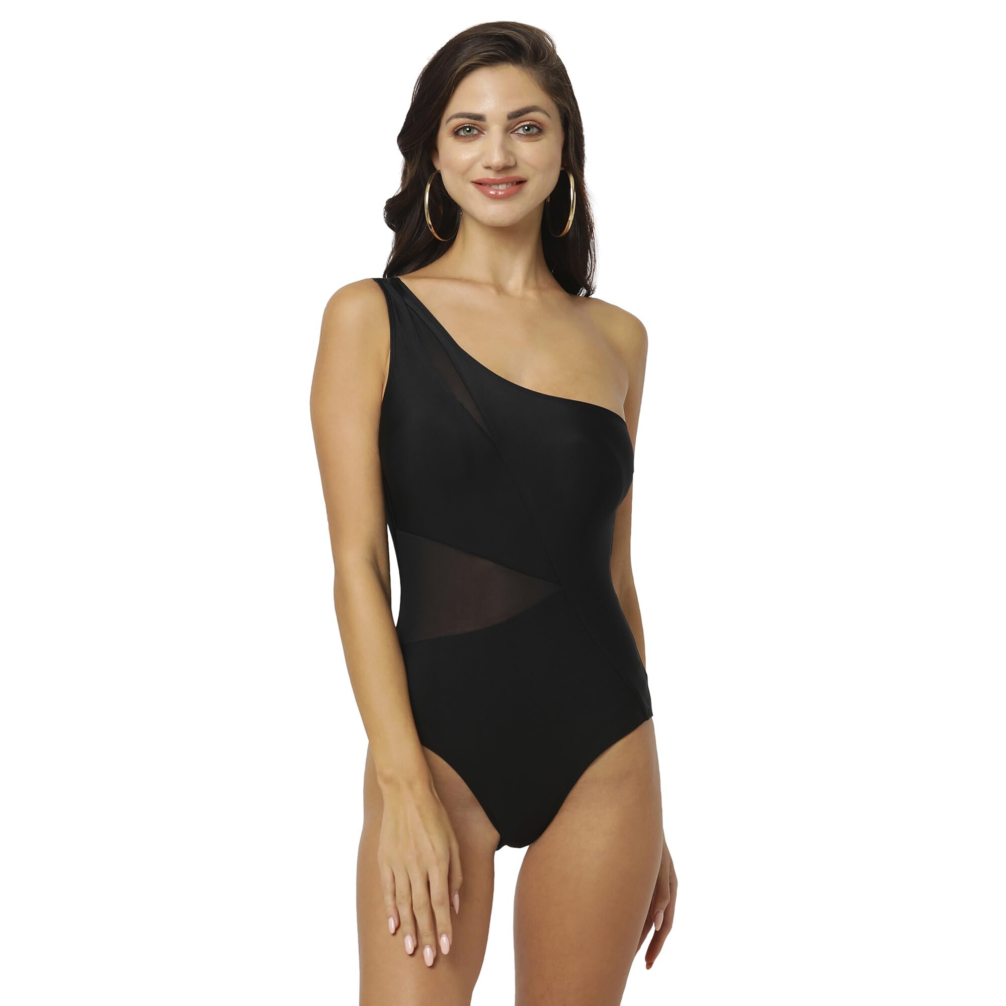 House of NMWomen's Mesh Panelled One-Shoulder Swimsuit | High-End Beachwear, Poolside Style, Summer Essential