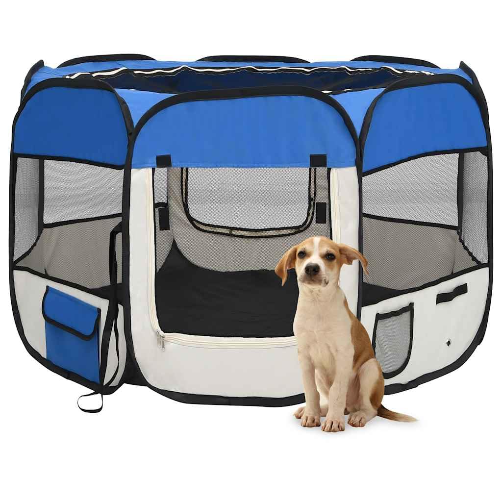 Parque plegable para cachorros con bolsa de transporte, color azul, 90 x 90 x 58 cm, marco de metal estable, plegable y portátil, ideal para entrenamiento, protección y seguridad en el