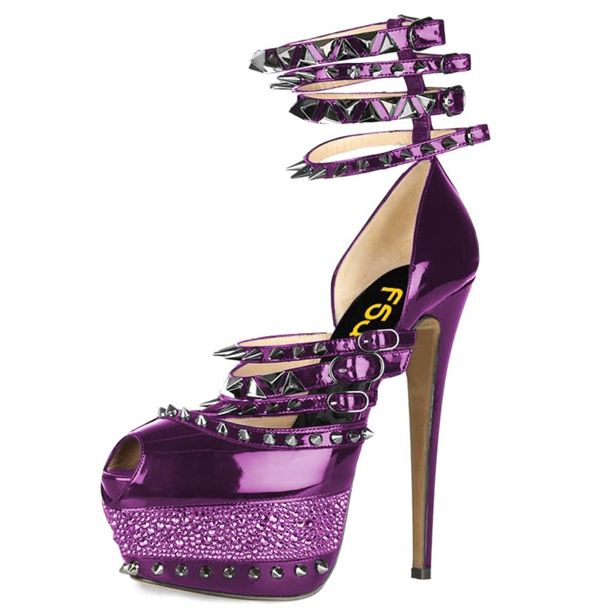 FSJ Women Sexy Studded Rivets Glossy Peep Toe Platform Sandals Stiletto Ultra High Heel Ankle Strap Party Prom Evening Dress Ladies Shoes Size 4-15 US