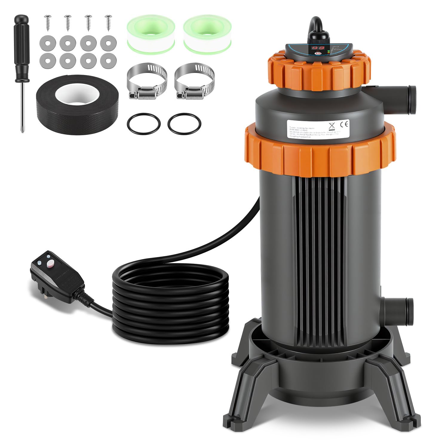 Calentador eléctrico para piscinas, diámetro de 29 x 42 cm, con interfaz digital, 32-38 mm, protección contra fugas, protección contra vuelco, ignífugo, calefacción hasta 45 grados