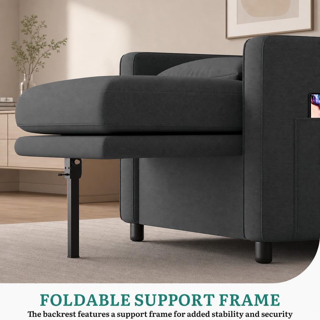 YITAHOME Schlafsofa 3-in-1, 192cm, 5-Stufig, Schlafsessel, Dunkelgrau | Mit Bettfunktion, Schlafcouch, 88cm, 160kg, Stahlrahmen, Leinen, Kissen & Tasche, Rollen, für Wohnzimmer & Gästezimmer