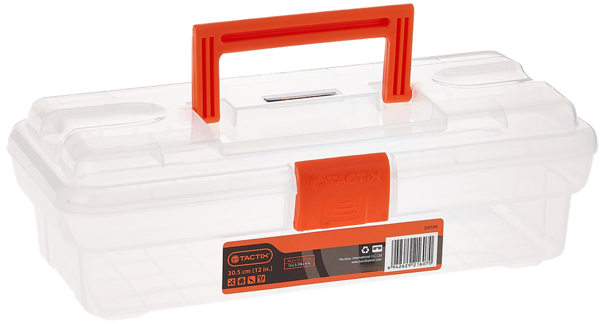 Tactix 12 Inch Plastic Tool Box, Plastic Storage Bin with Lid and Handle, Hobby or Craft Storage, Transparent/Orange, Dimensions: 30.5W x 15D x 10H cm- 320104