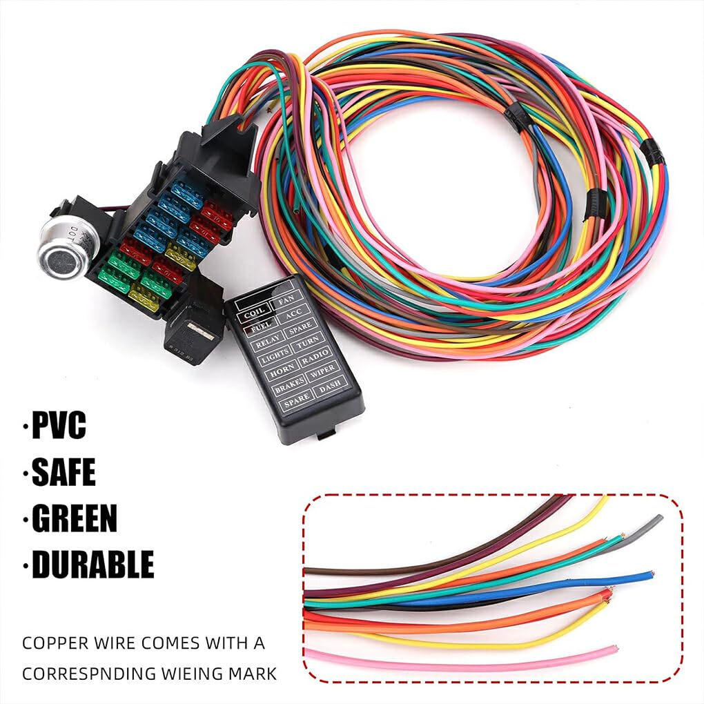 VUIUYOIES Arnés de cableado universal de 14 circuitos Arnés de cableado del automóvil Arnés de cableado de circuito Fusible Kit de arnés de cableado de fusible de 12 V Durable