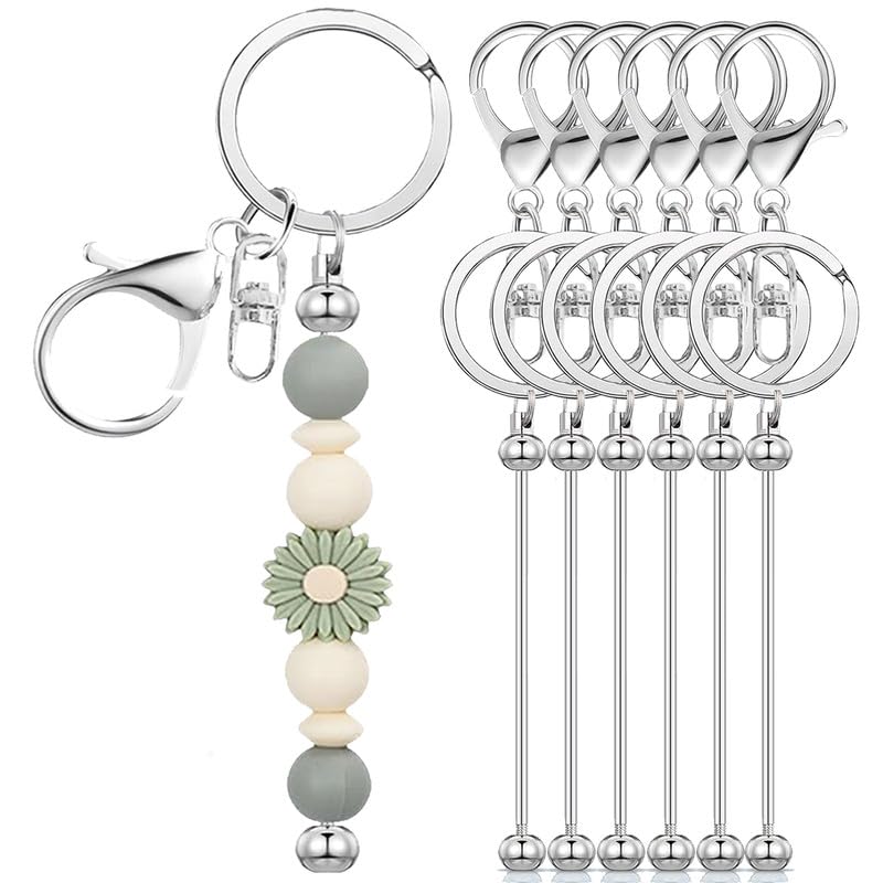 Sugiury6 Pcs Beadable Keychain Bars Bulk for Beads DIY Blank Keychain Metal Beaded Keychain for Bead Keychain Making Kit Crafts Gift Silver