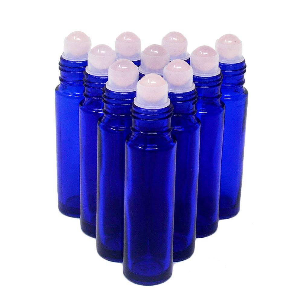 fengshuisale 10 bottiglie vuote ricaricabili blu da 10 ml, con pietre semipreziose in cristallo, per oli essenziali, con sacchetto incluso, W3903 (quarzo rosa)