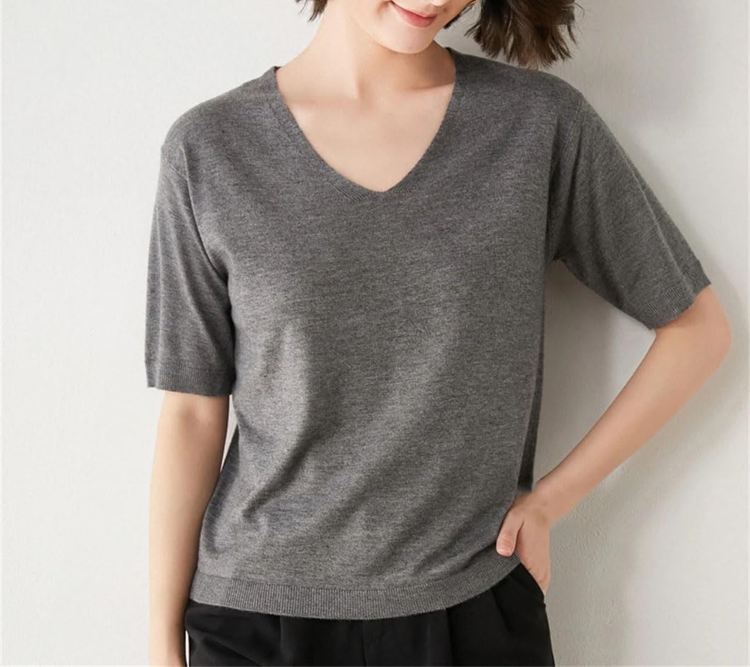 Maglione da donna in lana di cachemire, tinta unita, a maniche corte, con scollo a V, maglia morbida e calda