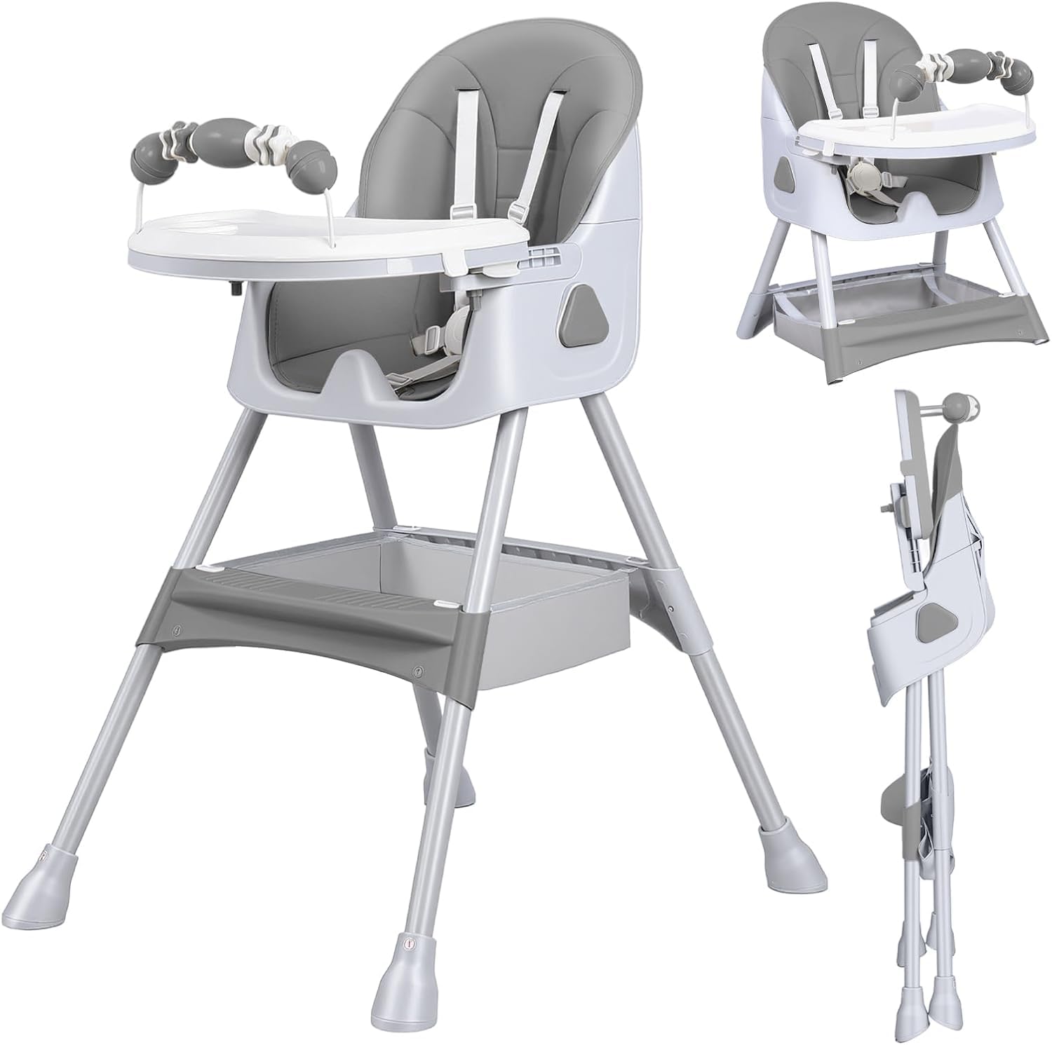 UBRAVOO Hochstuhl, faltbarer, tragbarer Essstuhl, umwandelbarer Hochstuhl mit doppellagigem Esstablett und Spielzeugablage, geeignet für Kinder von 6 Monaten bis 3 Jahren (Grau, Basismodell)