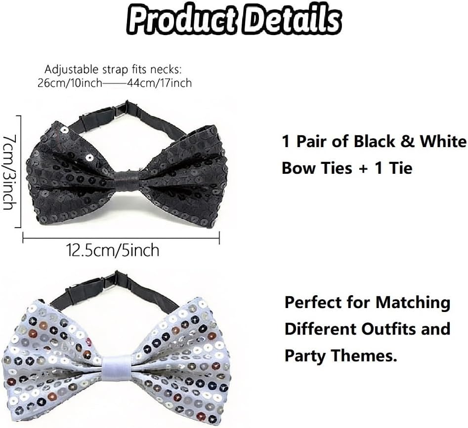 Mens 70s 80s 90s Disco Dance Star Costume Set - Black Sequin Fedora Hat with Hair Sunglasses Bow Ties Tie, Suspenders & White Sequin Gloves for Halloween Cosplay Party