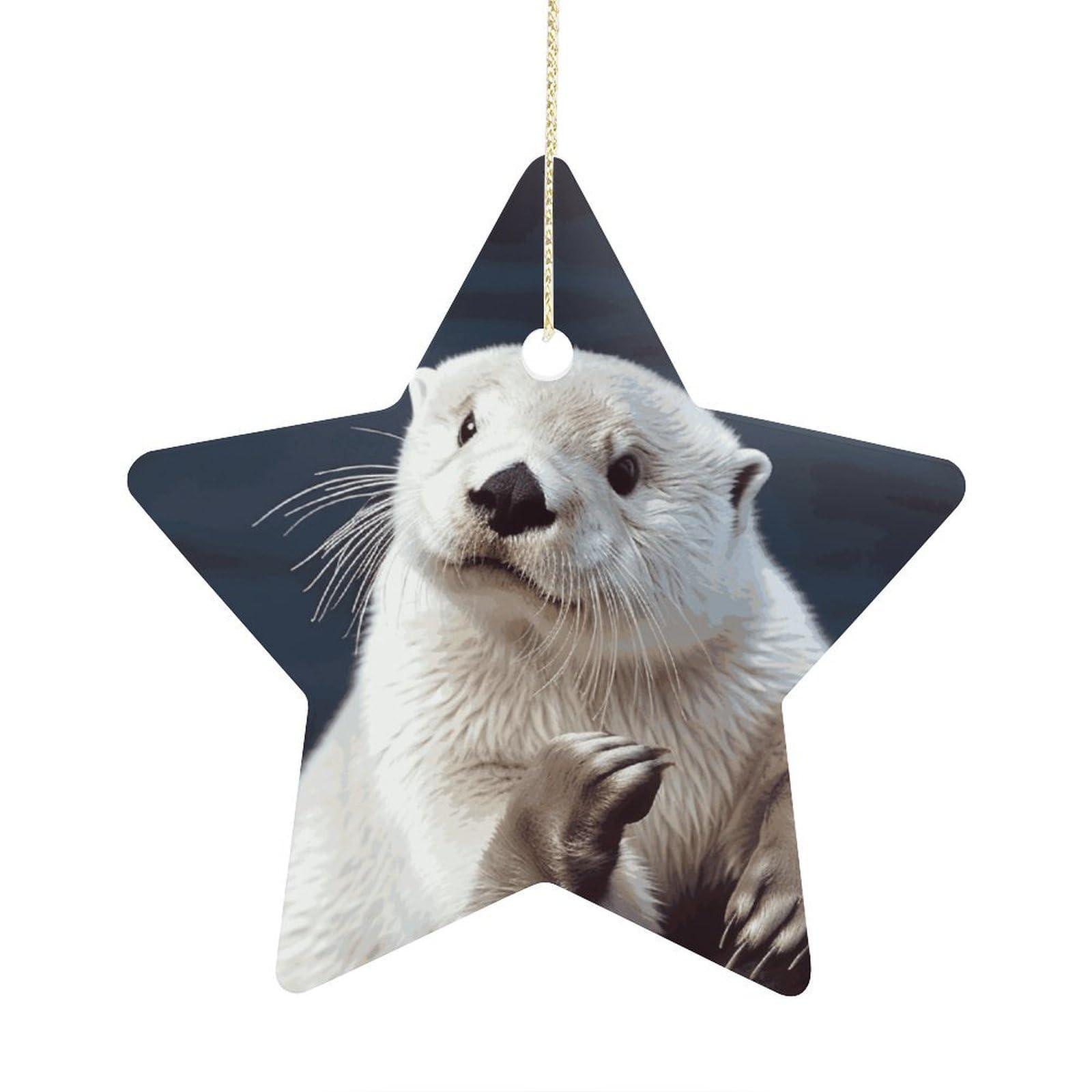 White Otter Stars Ornaments Ceramic Christmas Tree Hanging Light in Weight Christmas Star Pendants Funny Double-Sided Printed Xmas Ornaments for Gifts