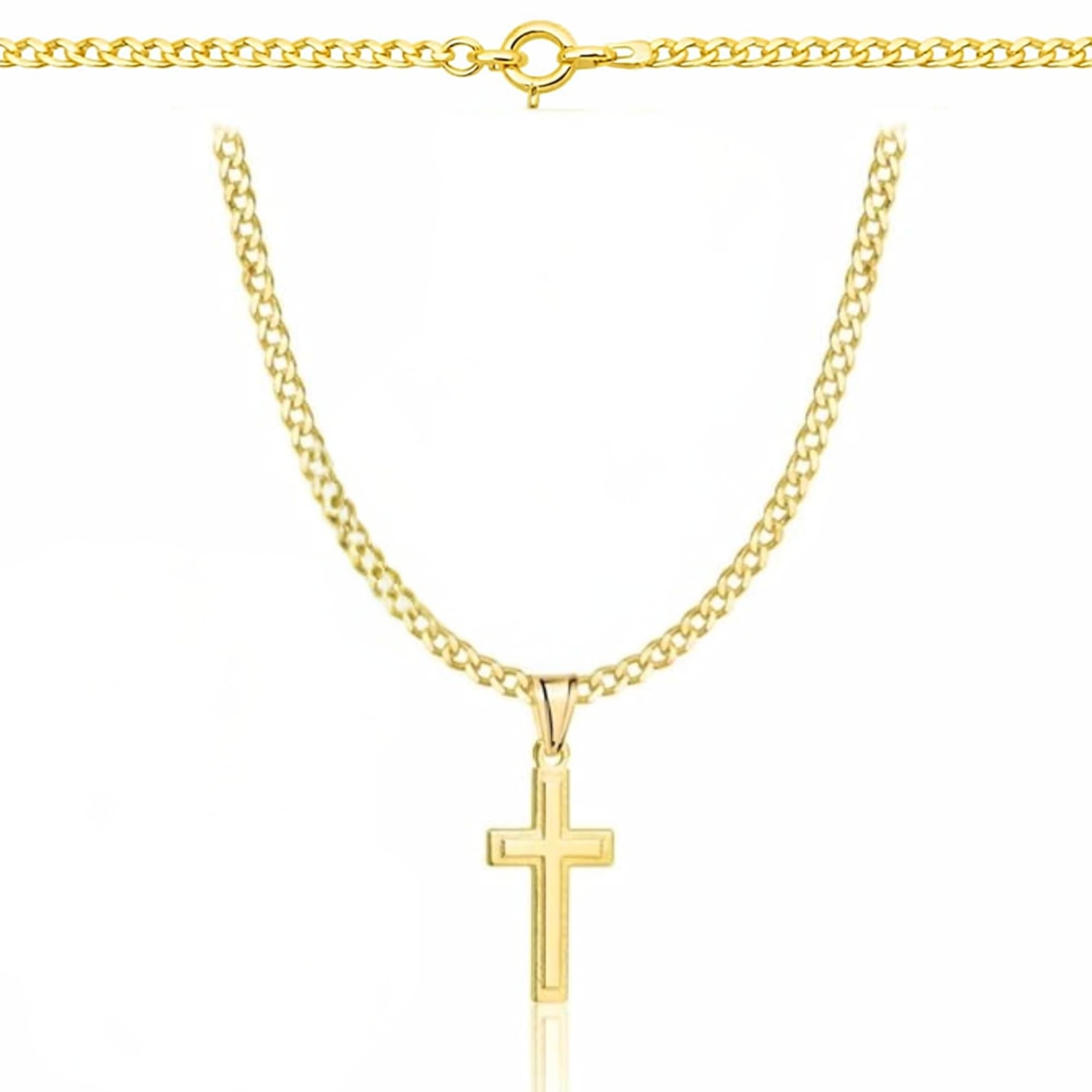 ZELYA Chaîne en or avec croix plaquée or 925/585 14 carats - Chaîne gourmette pour filles et garçons - 45 cm - Avec croix - Chaîne pour enfant pour communion et baptême - Boîte cadeau avec gravure