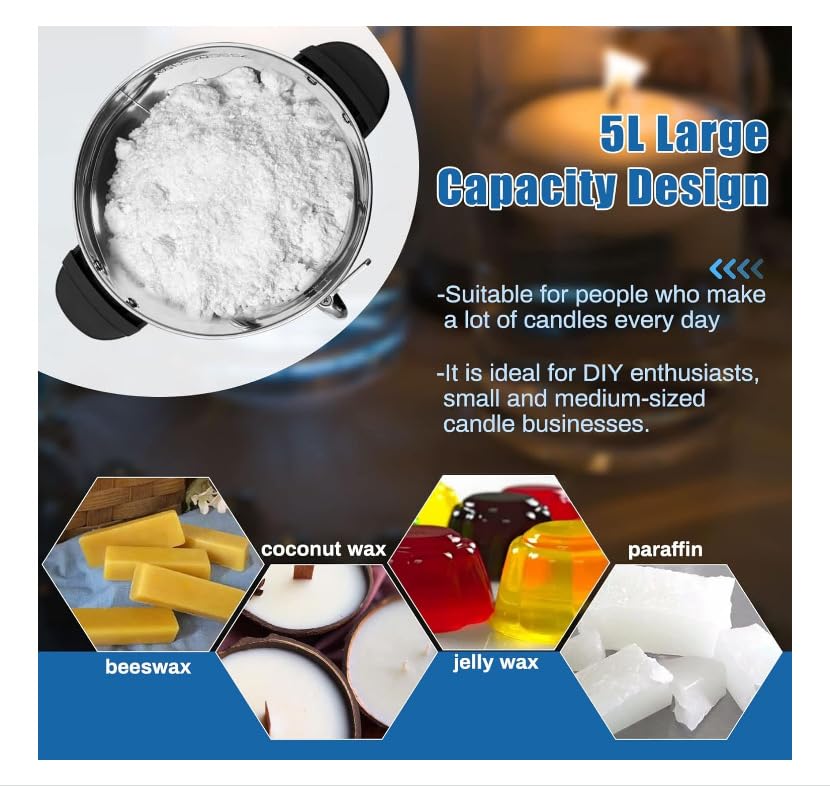 Fonditore elettronico per cera, kit per fusione di cera da 5 litri, crogiolo elettrico per cera di candele con controllo della temperatura e beccuccio centrale riscaldante rapido ed efficiente, kit