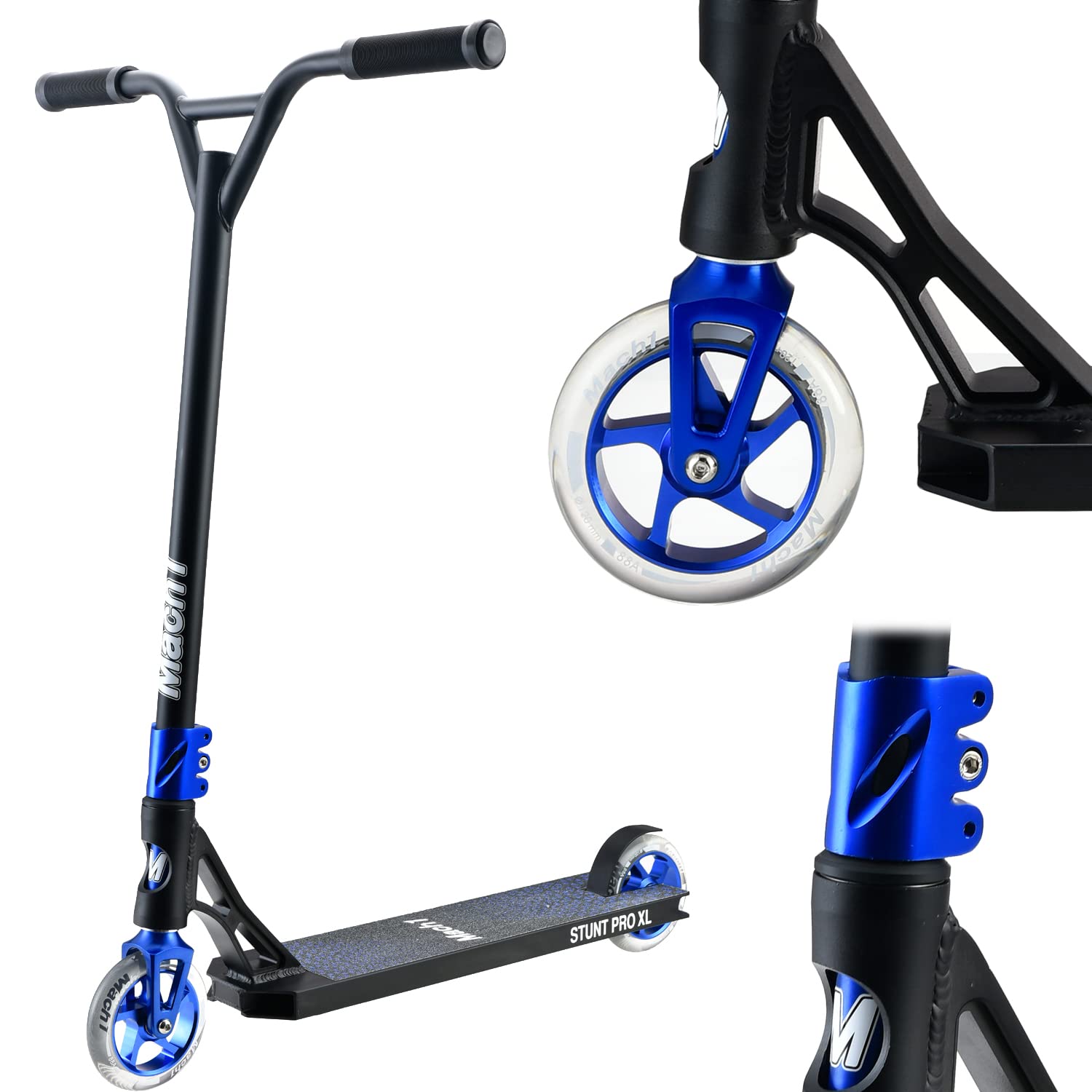 Mach1 Stunt Scooter Kierownica 360° – kółka 120 mm z aluminiowym rdzeniem i łożyskami kulkowymi ABEC 9, hulajnoga, Fun Stunts Trick Roller dla dzieci od 6 lat (czarno-niebieska z przezroczystymi kółkami)