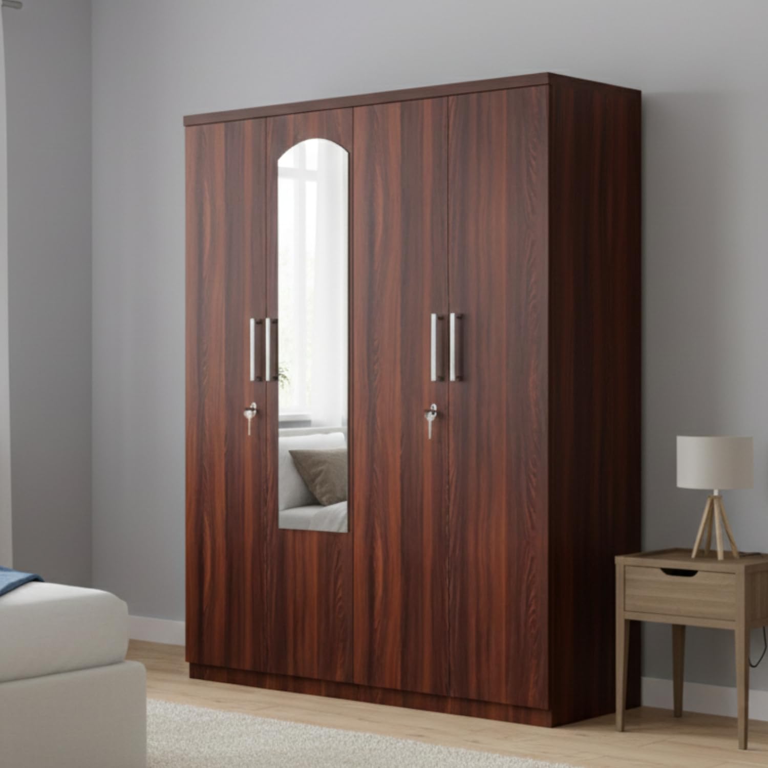 CASPIAN Engineered Wood Four Door Wooden Wardrobe (Streak Texture) | Furniture with Dressing Mirror | Cupboard/Almirah for Bedroom Clothes Storage Organizer with 10 Shelves & 4 Key Lock Drawers-image-11